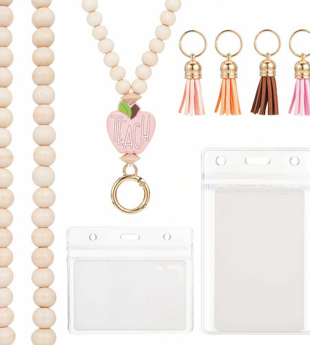 Bremorou Teacher Lanyard with ID Holder, Pink Wooden Beaded Boho Tassel