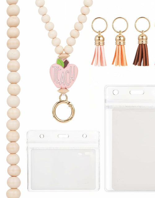 Load image into Gallery viewer, Bremorou Teacher Lanyard with ID Holder, Pink Wooden Beaded Boho Tassel
