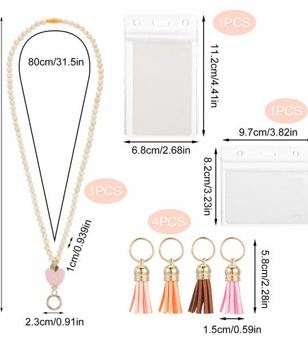 Bremorou Teacher Lanyard with ID Holder, Pink Wooden Beaded Boho Tassel