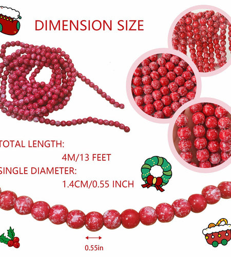 13ft Christmas Wood Bead Garland Red White Wooden Beads Xmas Tree Decor