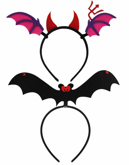 Load image into Gallery viewer, Qiexuxing Halloween Headband 2-Pack Bat &amp; Devil Horns Black Felt
