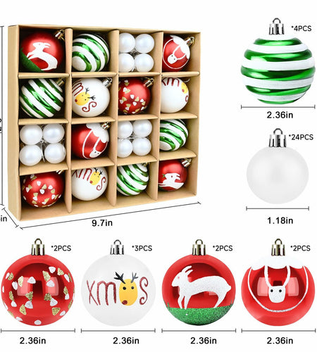 yintok Christmas Ornaments Balls 37ct 2.36" & 1.18" Red Green White Xmas