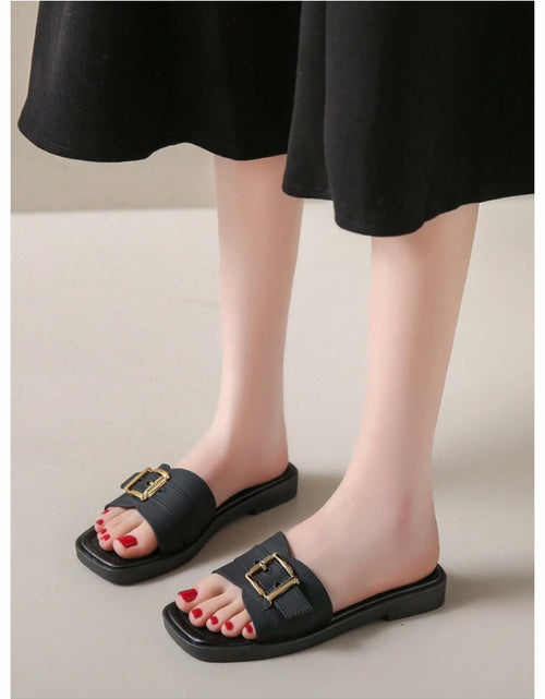 Load image into Gallery viewer, COZYEASE Women’s Slip-On Flat Sandals Square Open Toe Slide Buckle Black 8.5
