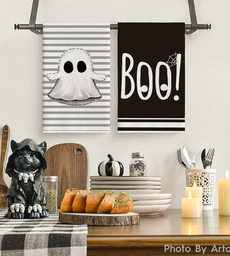 Artoid Mode Halloween Kitchen Towels Ghost Stripes Spider Web 18x26 Set 2