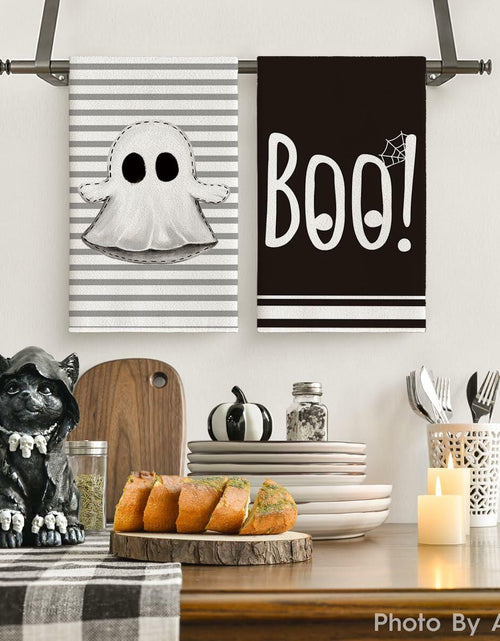 Load image into Gallery viewer, Artoid Mode Halloween Kitchen Towels Ghost Stripes Spider Web 18x26 Set 2
