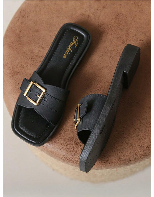 Load image into Gallery viewer, COZYEASE Women’s Slip-On Flat Sandals Square Open Toe Slide Buckle Black 8.5
