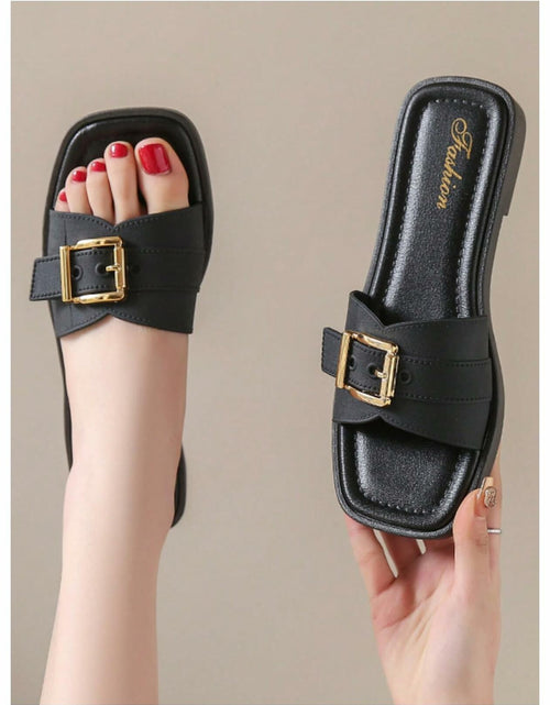 Load image into Gallery viewer, COZYEASE Women’s Slip-On Flat Sandals Square Open Toe Slide Buckle Black 8.5
