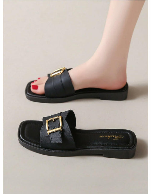 Load image into Gallery viewer, COZYEASE Women’s Slip-On Flat Sandals Square Open Toe Slide Buckle Black 8.5
