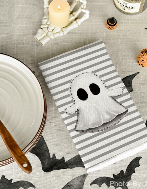 Load image into Gallery viewer, Artoid Mode Halloween Kitchen Towels Ghost Stripes Spider Web 18x26 Set 2
