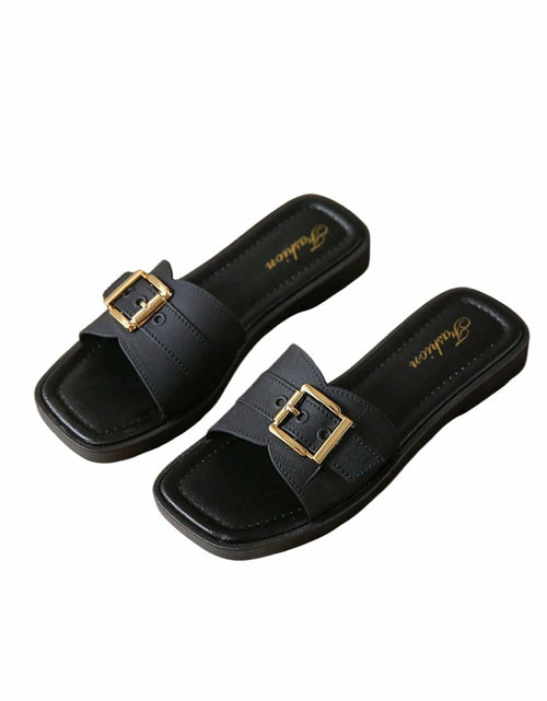 Load image into Gallery viewer, COZYEASE Women’s Slip-On Flat Sandals Square Open Toe Slide Buckle Black 8.5

