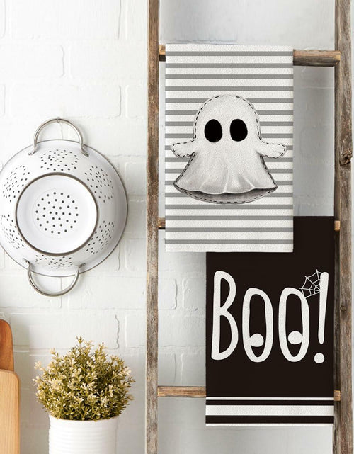 Load image into Gallery viewer, Artoid Mode Halloween Kitchen Towels Ghost Stripes Spider Web 18x26 Set 2
