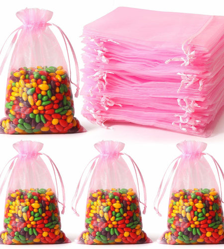 WenTao Organza Gift Bags 4x6in Pink 100pcs Drawstring Jewelry Pouches
