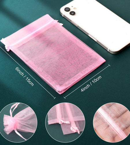 WenTao Organza Gift Bags 4x6in Pink 100pcs Drawstring Jewelry Pouches