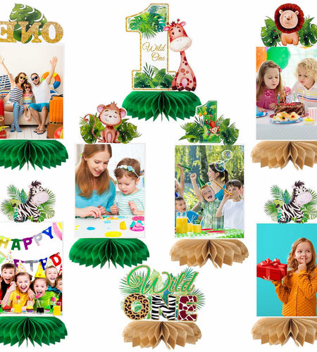 8PCS Wild One Honeycomb Jungle Safari 1st Birthday Table Centerpiece Decor