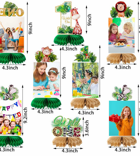 8PCS Wild One Honeycomb Jungle Safari 1st Birthday Table Centerpiece Decor