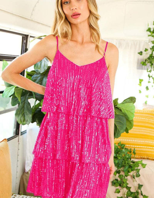 Load image into Gallery viewer, FANSI NOVA Women’s Glitter Sequin Dress V-Neck Spaghetti Strap Hot Pink M

