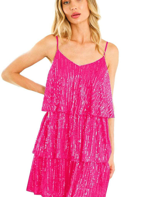 Load image into Gallery viewer, FANSI NOVA Women’s Glitter Sequin Dress V-Neck Spaghetti Strap Hot Pink M
