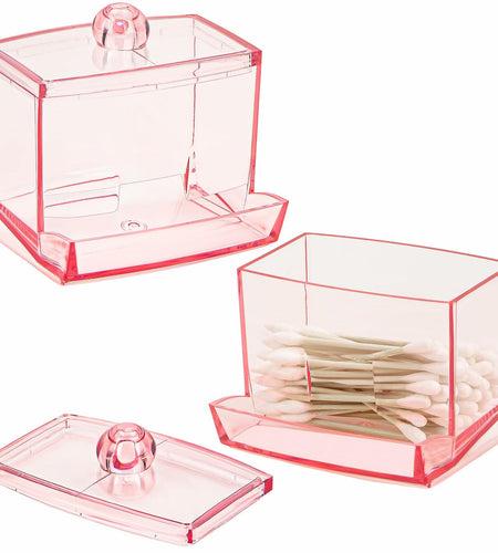 Biiange 2-Pack Acrylic Cotton Swab Holder with Lid 7oz Q-Tip Storage (Pink)