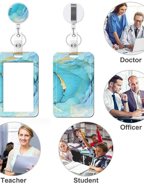 Load image into Gallery viewer, Retractable Badge Holder Carabiner ID Reel Keychain Gilt Marble Blue
