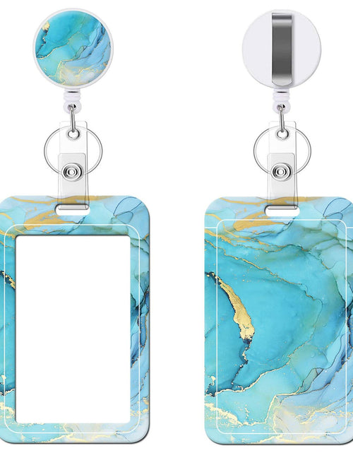 Load image into Gallery viewer, Retractable Badge Holder Carabiner ID Reel Keychain Gilt Marble Blue
