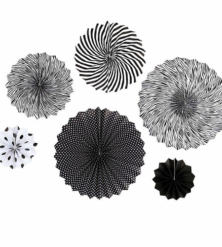 6PCS Black Hanging Paper Fans Party Decorations for Birthday, Wedding & Shower