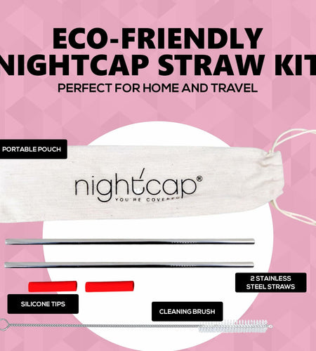 NightCap Straw Kit 2 Reusable Stainless Steel Straws w Brush Pouch Tips