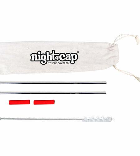 NightCap Straw Kit 2 Reusable Stainless Steel Straws w Brush Pouch Tips