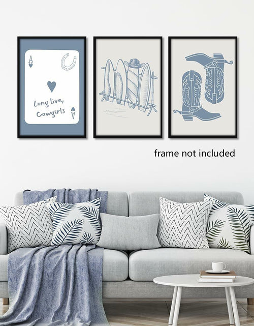 Load image into Gallery viewer, Venphude Coastal Art Canvas Set of 3 12x16in Unframed Blue Cowgirl Surfboard
