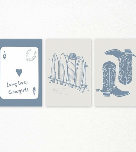 Venphude Coastal Art Canvas Set of 3 12x16in Unframed Blue Cowgirl Surfboard
