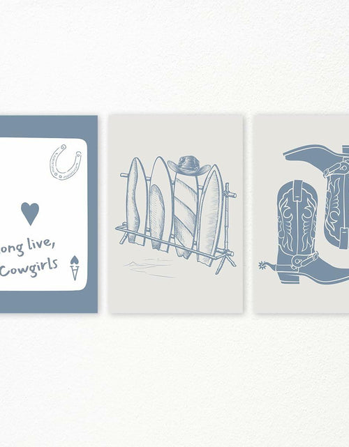 Load image into Gallery viewer, Venphude Coastal Art Canvas Set of 3 12x16in Unframed Blue Cowgirl Surfboard
