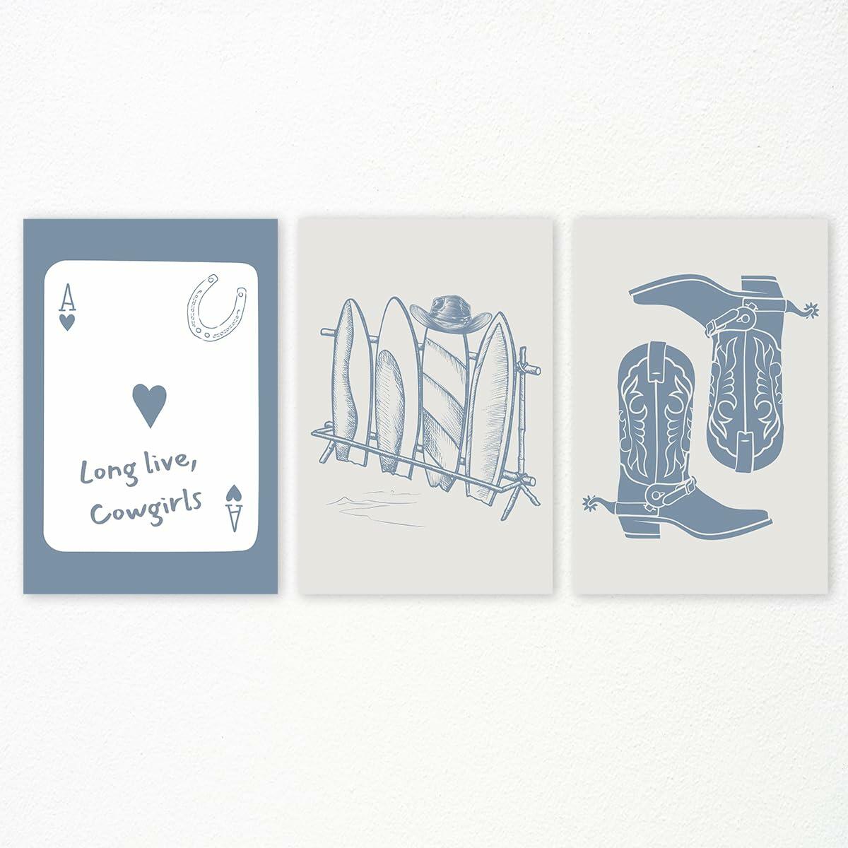 Venphude Coastal Art Canvas Set of 3 12x16in Unframed Blue Cowgirl Surfboard