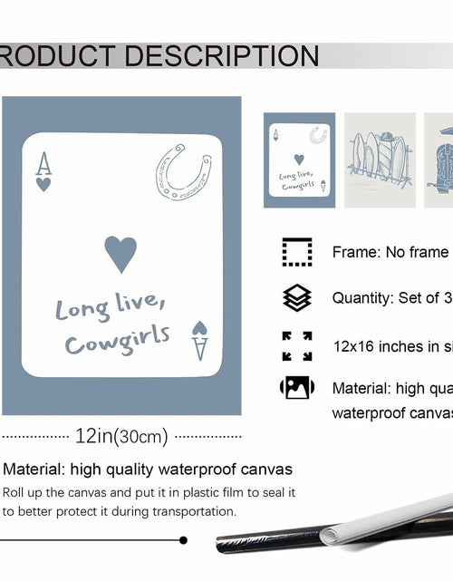 Load image into Gallery viewer, Venphude Coastal Art Canvas Set of 3 12x16in Unframed Blue Cowgirl Surfboard
