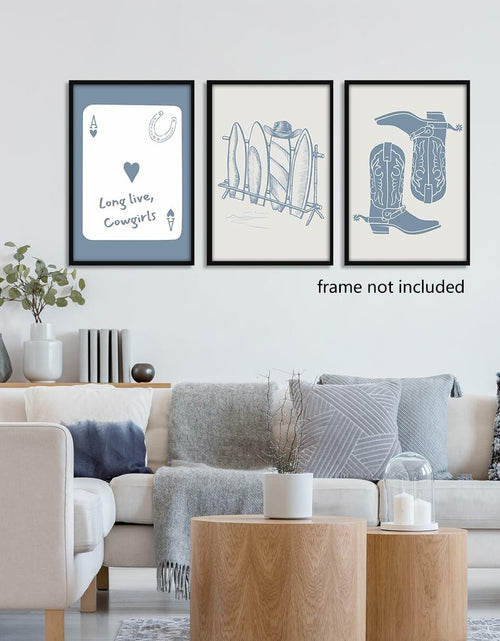 Load image into Gallery viewer, Venphude Coastal Art Canvas Set of 3 12x16in Unframed Blue Cowgirl Surfboard
