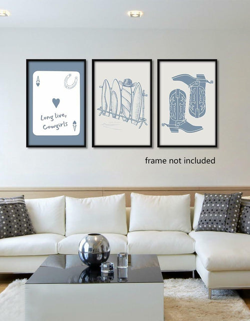 Load image into Gallery viewer, Venphude Coastal Art Canvas Set of 3 12x16in Unframed Blue Cowgirl Surfboard
