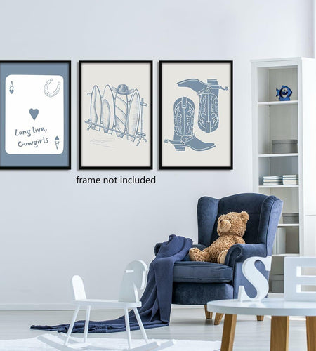 Venphude Coastal Art Canvas Set of 3 12x16in Unframed Blue Cowgirl Surfboard