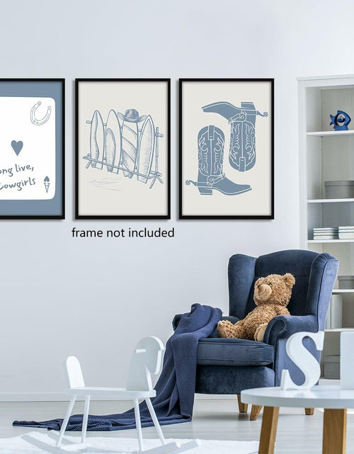 Load image into Gallery viewer, Venphude Coastal Art Canvas Set of 3 12x16in Unframed Blue Cowgirl Surfboard
