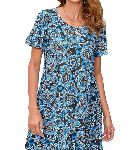 ENMAIN Women’s Plus Size Short Sleeve Top Flare Tunic Loose Fit Blue Paisley