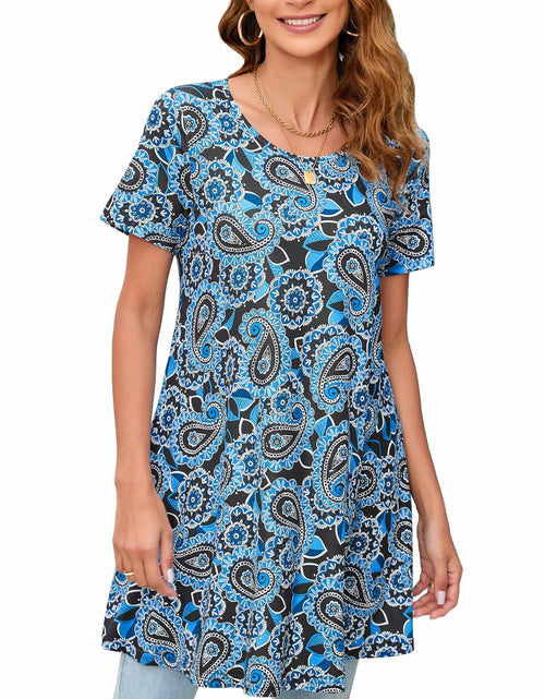 Load image into Gallery viewer, ENMAIN Women’s Plus Size Short Sleeve Top Flare Tunic Loose Fit Blue Paisley
