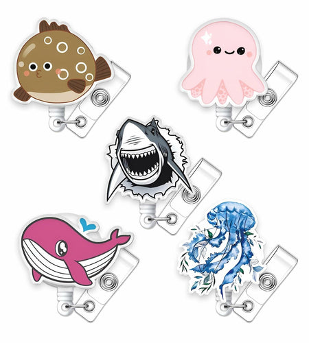 5 Pcs Retractable Badge Reel ID Clip Holder Jellyfish Whale Shark Nurse