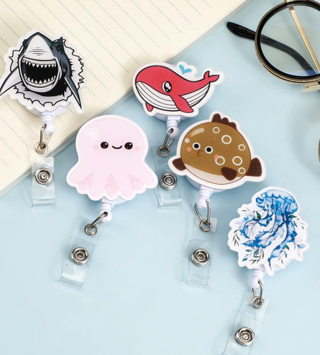 5 Pcs Retractable Badge Reel ID Clip Holder Jellyfish Whale Shark Nurse