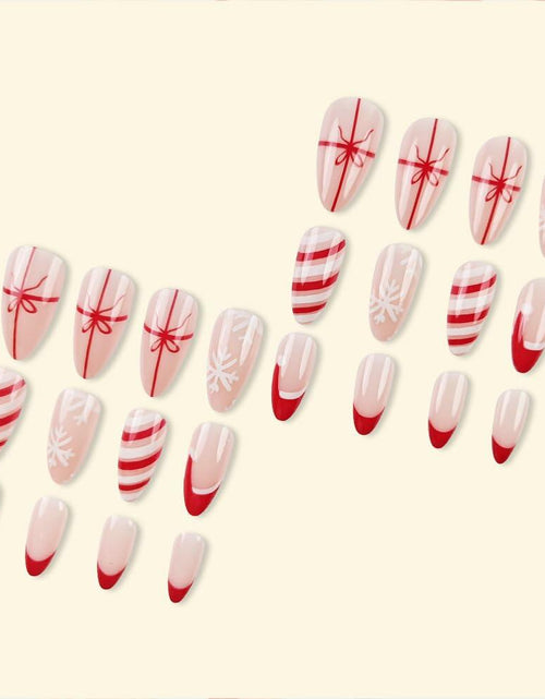 Load image into Gallery viewer, Short Almond Press-On Nails Red French Tip White Snowflake Fake Nails 24PCS
