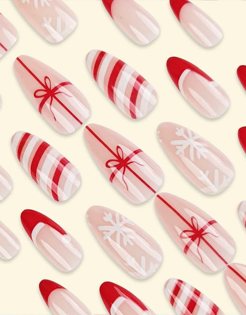 Load image into Gallery viewer, Short Almond Press-On Nails Red French Tip White Snowflake Fake Nails 24PCS
