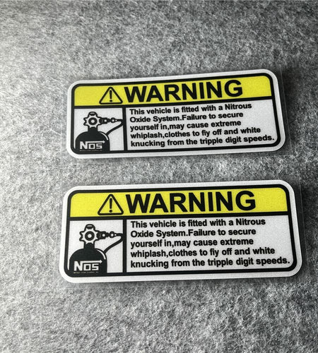 2PCS Warning NOS Stickers Car Motorcycle Helmet Racing Decals 5x2.1cm