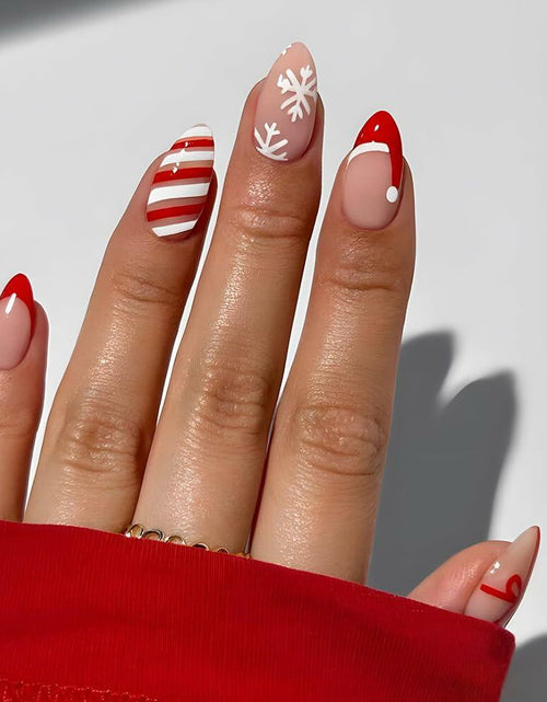 Load image into Gallery viewer, Short Almond Press-On Nails Red French Tip White Snowflake Fake Nails 24PCS

