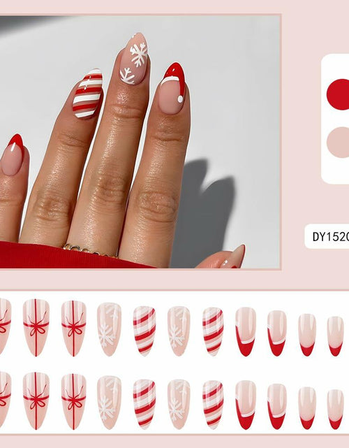 Load image into Gallery viewer, Short Almond Press-On Nails Red French Tip White Snowflake Fake Nails 24PCS
