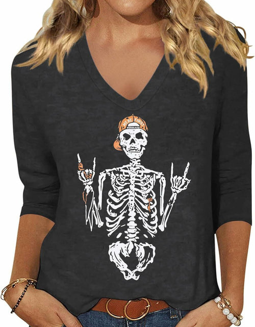 Load image into Gallery viewer, Women Skeleton Halloween V Neck Shirt 3/4 Sleeve Skull Top XL Grey
