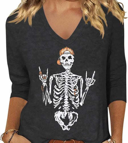Women Skeleton Halloween V Neck Shirt 3/4 Sleeve Skull Top XL Grey