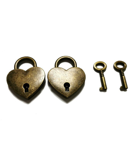 PeekaBear Mini Antique Brass Heart Padlock with Key 2-Pack Vintage Style
