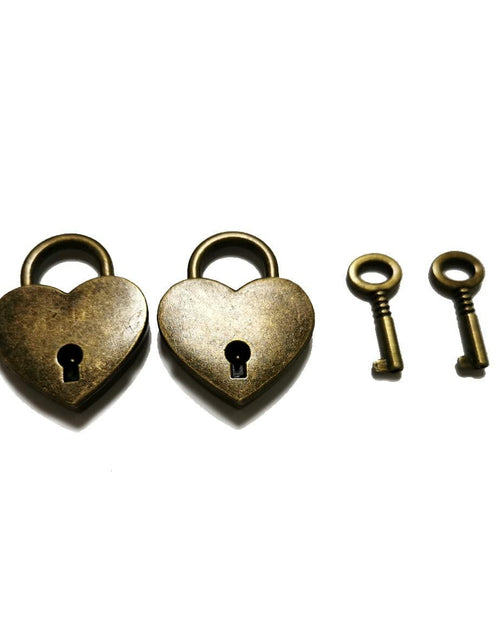 Load image into Gallery viewer, PeekaBear Mini Antique Brass Heart Padlock with Key 2-Pack Vintage Style
