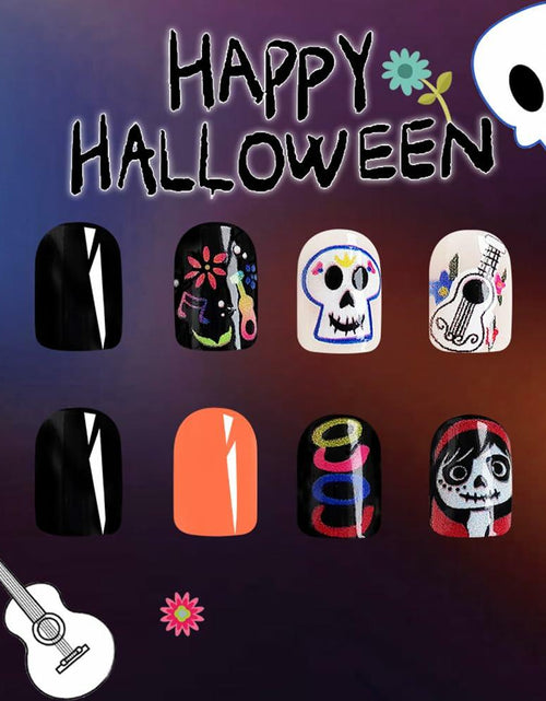 Load image into Gallery viewer, CEWEWP Halloween Press On Nails Short Square Acrylic Black Skull 24pcs
